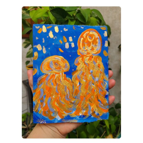 Orange Jellyfish Original Painting Acrylic Artwork Recycled Mixed Media Original - Picture 2 of 4